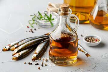 Garum fish sauce in a carafe on the table with fresh sardines and spices lying nearby on a light grey background