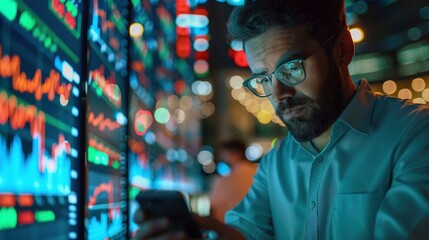 A Businessman Investor Contemplates Stock Market Investment Using A Smartphone, Background HD For Designer        
