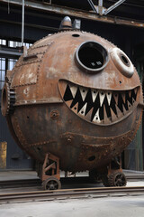 A massive, rusty spherical robot with a fearsome face and sharp teeth, resembling a fictional character, stands on wheels in an industrial setting