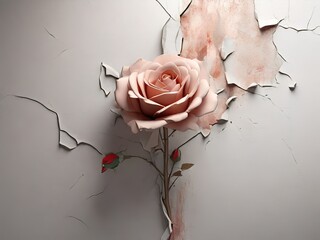 Close-up of a faded peeling wall with a crack in the center of the wall peeling off a beautiful rose bud. Beautiful minimalist artwork 4D, 3D rendered printing.