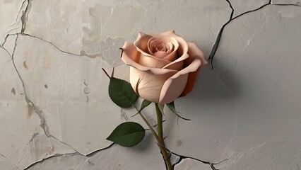 Close-up of a faded peeling wall with a crack in the center of the wall peeling off a beautiful rose bud. Beautiful minimalist artwork 4D, 3D rendered printing.