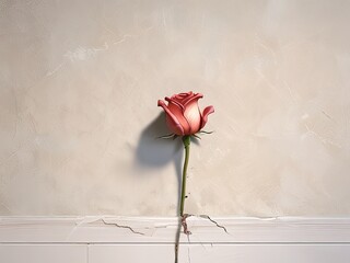 Close-up of a faded peeling wall with a crack in the center of the wall peeling off a beautiful rose bud. Beautiful minimalist artwork 4D, 3D rendered printing.