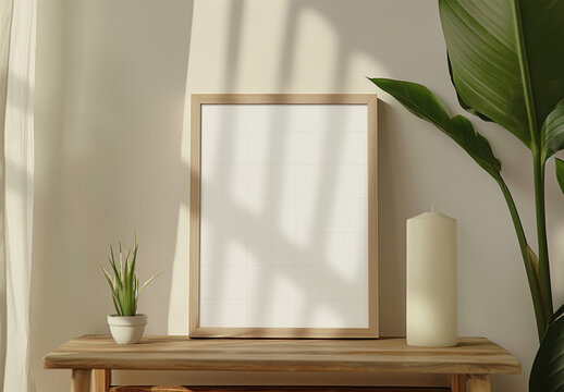 Light Frame Mockup With Green Plant, Generative ai