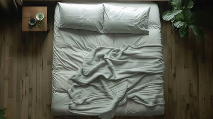 An overhead shot of a bed with just one neatly folded blanket