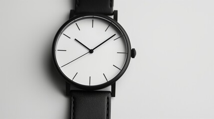  A minimalist wristwatch displayed against a pristine white backdrop, its logo subtly engraved on the dial
