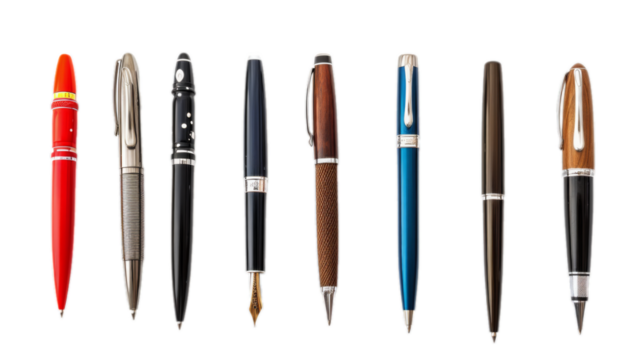 Set of various stylish pens isolated on transparent background