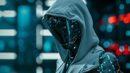 Portrait of anonymous robotic hacker , design resource for wallpaper, illustration, book, magazine, website, future and cybersecurity concept, 