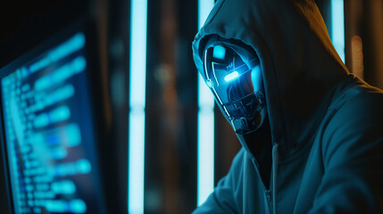 Portrait of anonymous robotic hacker , design resource for wallpaper, illustration, book, magazine, website, future and cybersecurity concept, 
