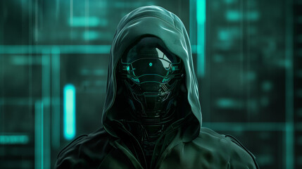 Portrait of anonymous robotic hacker , design resource for wallpaper, illustration, book, magazine, website, future and cybersecurity concept, 
