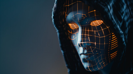 Portrait of anonymous robotic hacker , design resource for wallpaper, illustration, book, magazine, website, future and cybersecurity concept, 