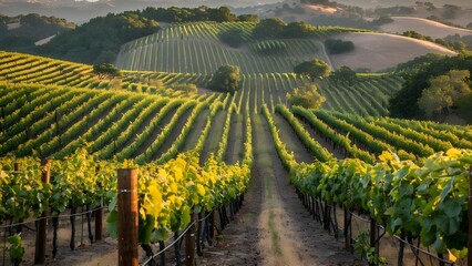 Fototapeta premium Vineyard on sunny hills with neatly aligned rows of vines creating depth. Concept Vineyard, Sunny Hills, Neatly Aligned Rows, Depth Perception, Scenic Beauty