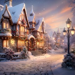 Beautiful winter landscape with snow covered wooden houses and lanterns.