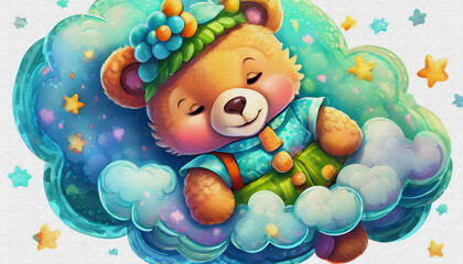 Obraz premium OIL PAINTING STYLE cartoon character cute baby teddy bear sleeping on the cloud, isolated on white background,