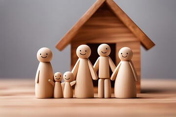 A basic wooden figurine, lacking hands or legs, depicts a joyful family beside a modest wooden home in a barren landscape.