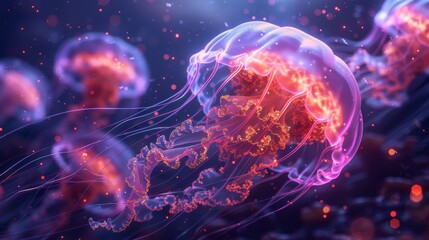 Enter the underwater realm with a worms-eye view of a majestic jellyfish palace bathed in ethereal, iridescent light, illuminating its intricate, translucent tendrils