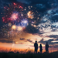 Family Watching Fireworks at Dusk
