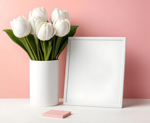 A black picture frame on a white table with pink tulips in a vase
