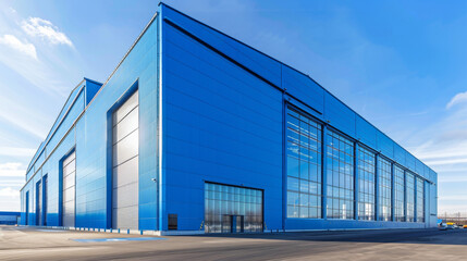 A large blue warehouse with an exterior of metal panels and glass windows, set against the backdrop of clear skies on a sunny day. The building is positioned in front of a parking lot