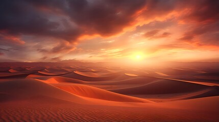 Beautiful sunset over sand dunes. Panoramic image.