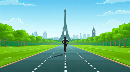 A runner is running down a road in front of the Eiffel Tower - obrazy, fototapety, plakaty