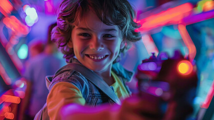 Happy kids in laser tag arena with colorful background.