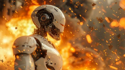 AI robot in flame. Fighting. Futuristic concept with copy space for text