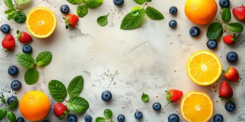 Fresh oranges, strawberries, blueberries, and mint leaves scattered on a textured background