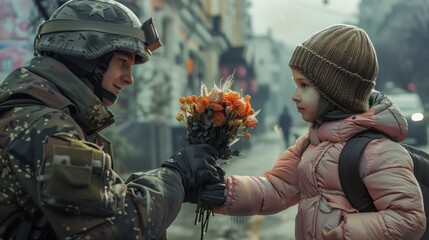 Soldier sharing kindness with young girl by giving flowers on city street in daylight