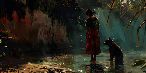 Fantasy image, man and a dog next to the river at night, fog and dark scene