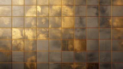 Grey grunge glossy texture and golden squares abstract geometric background. Generative AI