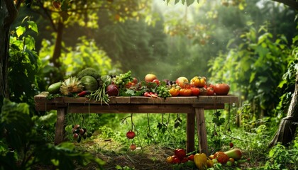 A rustic farm scene with a wooden table laden with fresh produce, set against a green garden and...