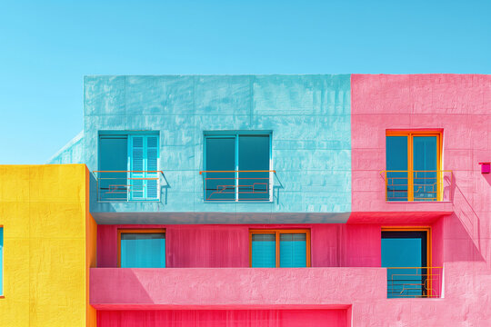 Colorful urban building facades in pink, blue, and yellow, under a clear sky.