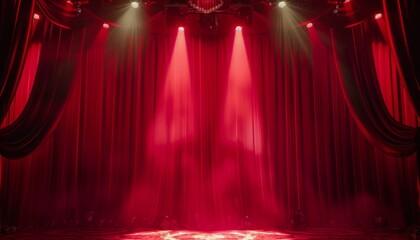 A dramatic red-lit stage with spotlights and a curtain backdrop, creating a theatrical environment suitable for shows or presentations in a luxurious setting - Powered by Adobe