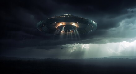 Obraz premium UFO, unidentified flying object, or aliens modern spaceship with light beam flying on dark cloudy sky over someplace in the earth. Generative AI.