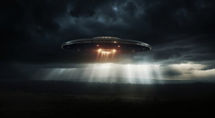 Naklejka premium UFO, unidentified flying object, or aliens modern spaceship with light beam flying on dark cloudy sky over someplace in the earth. Generative AI.
