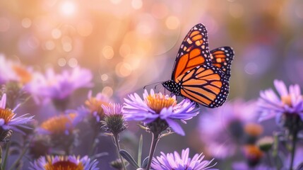 Obraz premium Beautiful monarch butterfly feeding on vibrant purple aster flower in summer floral scene. Captivating monarch butterflies among autumn blooming asters. Colorful nature photography for seasons and wil