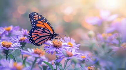 Fototapeta premium Beautiful monarch butterfly feeding on vibrant purple aster flower in summer floral scene. Captivating monarch butterflies among autumn blooming asters. Colorful nature photography for seasons and wil