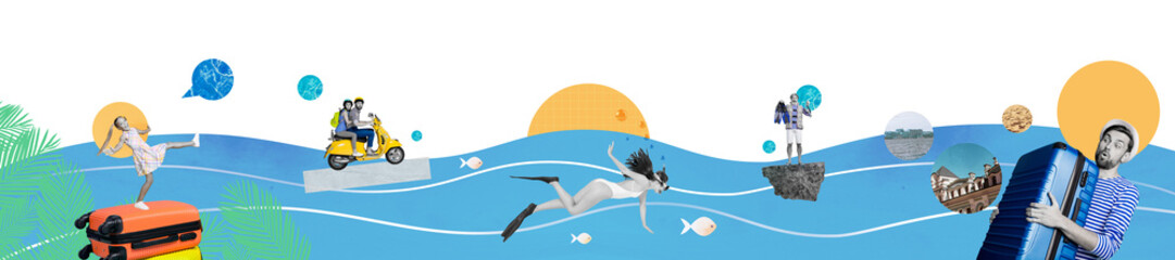 Artwork collage picture of mini people suitcase drive bike swim water isolated on drawing background