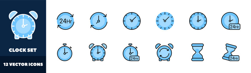 Clock icon set. Flat style. Vector icons