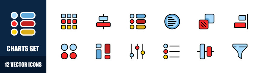 Charts icons set. Menu buttons set. Flat style. Vector icons