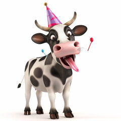 Funny cartoon cow wearing party hat and sticks out tongue isolated over white background. Cute 3D cow ready for a party. Celebrating a birthday. Design for greeting card, invitation card.