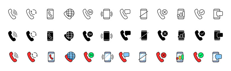 Call icons collection. Phone buttons. Linear, silhouette and flat style. Vector icons