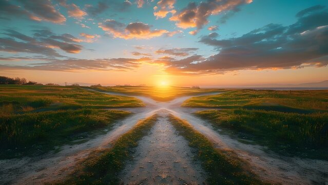 Crossroads with four paths symbolizing choices and diverse possibilities against a backdrop. Concept Crossroads, Choices, Diverse Possibilities, Symbolism, Backdrop