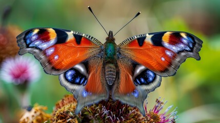 Obraz premium Vibrant peacock butterfly in natural habitat, cheshire, uk - detailed close-up of aglais io species amidst lush english landscape