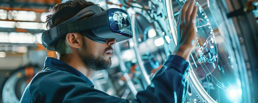 Engineers using augmented reality glasses to design and assemble components of an aircraft