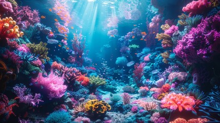 Naklejka premium Immerse in the opulent world of marine biology where a magnificent coral reef glows under a kaleidoscope of chromatic lighting, highlighting its vibrant hues and diverse ecosystem