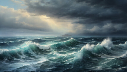 A miniature painting of a seascape, with a stormy sky and choppy waves, 