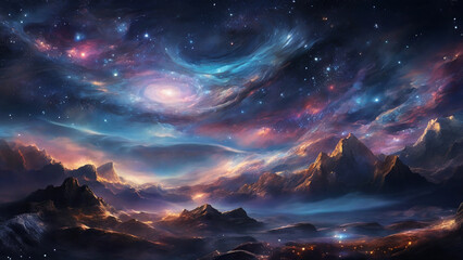 Digital painting: A dreamy, celestial nightscape, with a starry sky, swirling galaxies, and a sense...