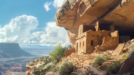 An ancient cliff dwelling nestled into a canyon wall, surrounded by a vast mesa landscape.