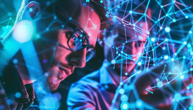 Programmers developing a neural network, with digital connections visualized around them like a glowing web